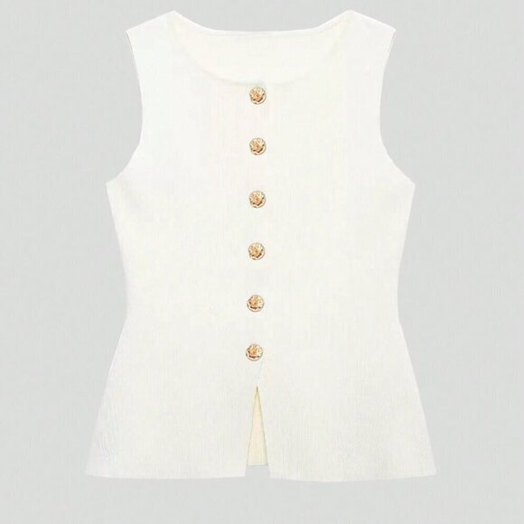 White Casual Women's Metal Button Open Front Sleeveless Jacket - Picture 5 of 9